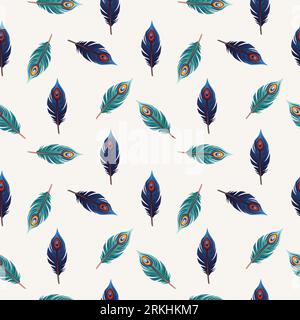 Fashionable template for design of clothes. Beautiful peacock feather with colorful seamless pattern isolated on white background template textiles, t Stock Vector