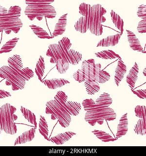 Hibiscus Flower Pattern with Scribble Line Style. Seamless Floral Pattern Stock Vector