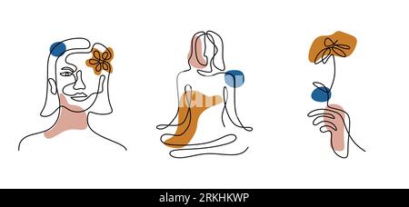 Set of woman's face continuous one line art. Style wallpaper template with female faces, hand holding a flower, and yoga pose in modern simple linear Stock Vector