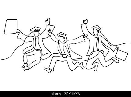 One continuous line group young students in jump joyfully. Happy three teenager student express their graduation while hands up isolated on white back Stock Vector