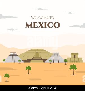 Mexico city colorful template. Welcome to mexico poster. Cityscape with all famous buildings. Around the world. National cultural element flat vector Stock Vector
