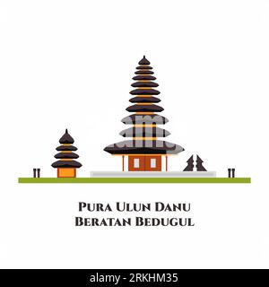 Pura Ulun Danu Bratan temple on a lake Beratan. Indonesian landmark in Bali. Historical building. A place of prayer in Hinduism. Travel to Asia. Flat Stock Vector