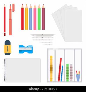 Stationery set in flat style. Drawing tools such as pencil, eraser, drawing paper binder, pencil sharpener, drawing pen, colorful pencil etc. Equipmen Stock Vector
