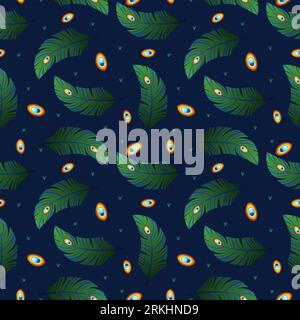 Peacock feathers hand painted seamless pattern. Vintage style of feather isolated on blue background. Vector illustration background for textile decor Stock Vector