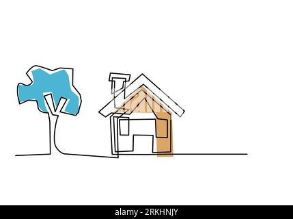 Continuous one line drawing of a little house with garden trees at village. Nature home exterior hand drawn minimalist sketch concept. Modern single l Stock Vector