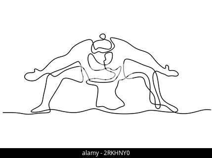 Single continuous line drawing of young big fat Japanese sumo man is pose at arena gym center isolated on white background. Traditional festival marti Stock Vector