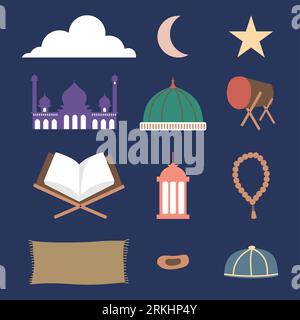 Set of ramadhan stuff such as drum, mosque dome, prayer beads, dates, cap, veil, prayer mat, mukena, Al-Qur'an, lantern isolated on navy blue backgrou Stock Vector