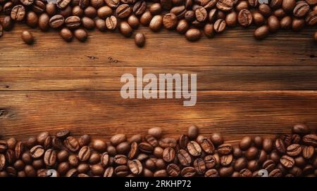 A close-up of freshly roasted coffee beans spread across a light-colored wooden table with plenty of room for copy and text Stock Photo