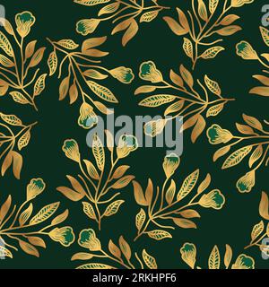 Luxury Green and Gold Flower Pattern. Hand Drawn Seamless Floral Pattern for Fashion, Wallpaper, Wrapping Paper, Background, Fabric, Textile, Apparel Stock Vector