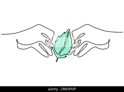 Continuous one line drawing of hands holding a plant. Concept of growing and love earth. Back to nature theme isolated on white background with minima Stock Vector