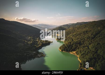 A stunning landscape featuring numerous green-hued lakes situated along the picturesque mountainous coast Stock Photo