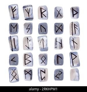 Scandinavian runes carved on stone. Divination set. Group of watercolor elements on a white background. Clipart. Raster illustration for the design of Stock Photo