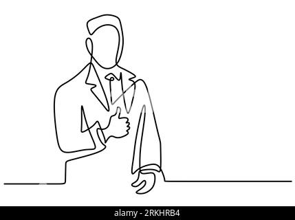 One single continuous line drawing of young professional businessman is standing and give thumbs up gesture. Success business manager concept isolated Stock Vector