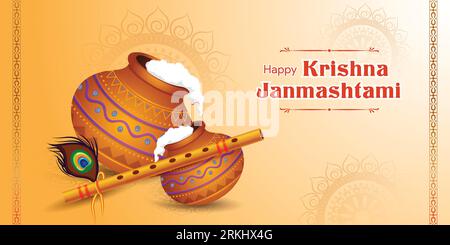 Abstract Happy Janmashtami festival background with Dahi Handi, Bansuri (flute) and Peacock feather. Traditional Hindu religion festival of India. Stock Vector