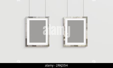 Two frames in hi-tech style for a poster and a photo on a gray wall. 3d render. Stock Photo