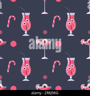 Pink Halloween pattern seamless with cocktail eyes, Trick. Vector Illustration Stock Vector