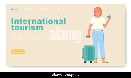 Time to travel banner with smiling woman. World tourism day celebration. Stock Vector