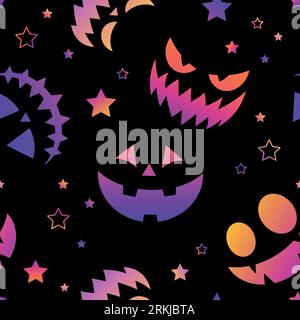 Halloween seamless pattern with black background and carved neon pumpkin faces. Stock Vector