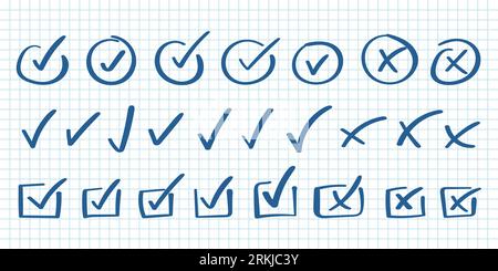 Check mark icon in hand drawn style. Handmade doodle vector illustration on isolated background. Cross, circles, arrow mark sign business concept. Stock Vector