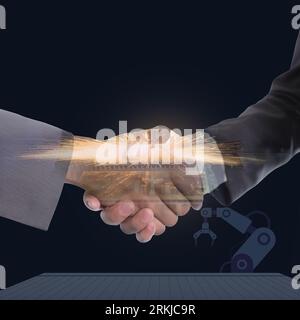 Businessmen shaking hands on abstract manufacturing industrial concept. Financial investment deal, Teamwork and partnership. Stock Photo