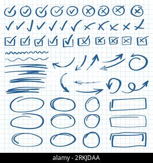 Check mark icon in hand drawn style. Handmade doodle vector illustration on isolated background. Cross, circles, arrow mark sign business concept. Stock Vector