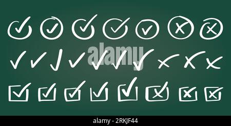 Check mark icon in hand drawn style. Handmade doodle vector illustration on isolated background. Cross, circles, arrow mark sign business concept. Stock Vector