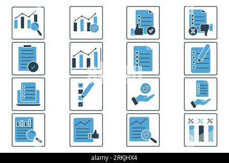 Survey set icon. Contains icons Checklist, graph, survey form, response, etc. suitable for web site design, app, user interfaces, printable etc. Solid Stock Vector