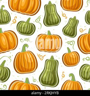 Vector Pumpkin Seamless Pattern, square repeat background with cut out illustrations of ripe whole variety pumpkins and kabocha, twisted stalk for wra Stock Vector