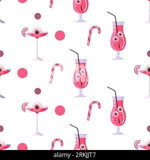 Pink Halloween pattern seamless with cocktail eyes, Trick. Vector Illustration Stock Vector