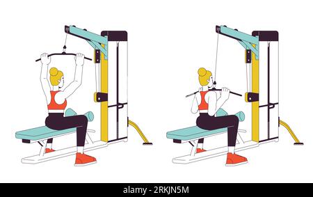 Working out on lat pulldown machine flat line vector spot illustration Stock Vector