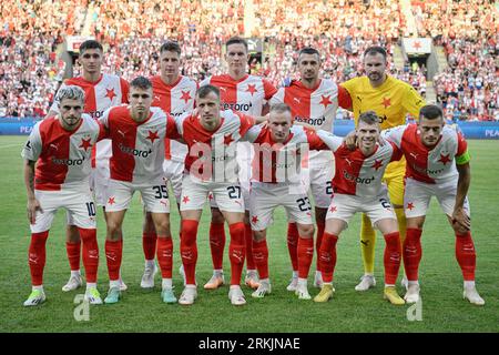 Team of SK Slavia Praha pose prior to the UEFA Europa League return leg of the 4th round match SK Slavia Praha vs FK Zorya Luhansk, in Prague, Czech R Stock Photo
