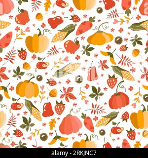 Harvest patern vector flat. Seamless pattern of colorful pumpkins, fruits, vegetables. Thanksgiving and Halloween Elements Stock Vector