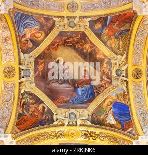 GENOVA, ITALY - MARCH 6, 2023: The fresco of Annunciation and New Testament scenes in the church Chiesa di Nostra Signora della Consolazione Stock Photo