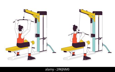 Muscle building with lat pulldown machine flat line vector spot illustration Stock Vector