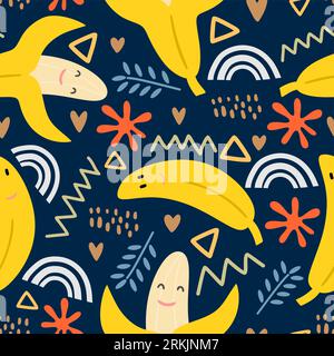 Vector seamless pattern of smiling fresh yellow bananas on a gentle navy blue background. Happy cute banana for printing on textiles, paper, wallpaper Stock Vector