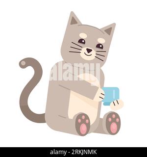 Cute cat holding coffee cup semi flat color vector character Stock Vector