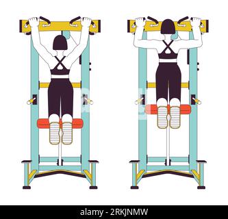 Working out on assisted pull up machine flat line vector spot illustration Stock Vector