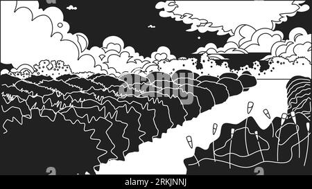 Sunset in the field bw cute kawaii lo fi background Stock Vector