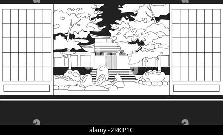 Japanese room interior bw cute kawaii lo fi background Stock Vector