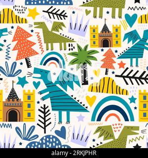 Cute dragonfly dinosaur monster seamless pattern. Funny colorful dinosaurs vector illustration on white background. A fairy tale animals concept. Back Stock Vector