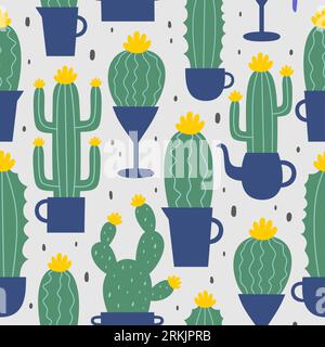 Cute hand drawn seamless pattern with cartoon cactus and succulents in pots. Vector illustration. Can be used like pattern for textile, wrapping paper Stock Vector