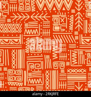 Ethnic motifs group seamless texture with orange stripes pattern. Stock Vector