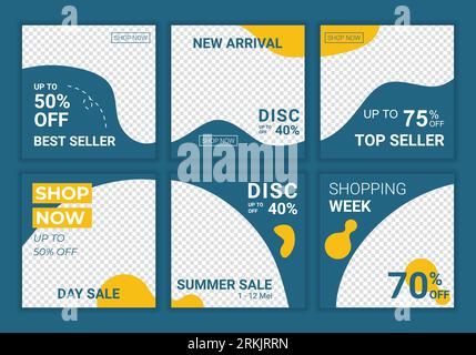 Set collection of editable minimal square banner template. Blue and yellow background color with stripe line shape. Suitable for social media post and Stock Vector