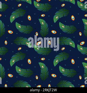 Peacock feathers hand painted seamless pattern. Vintage style of feather isolated on blue background. Vector illustration background for textile decor Stock Vector
