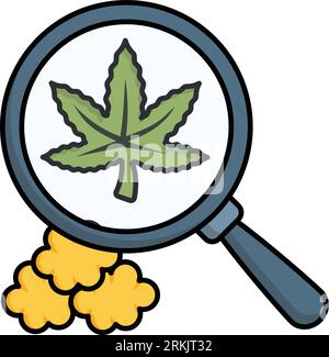 Analyzing Hemp Strains with magnifying glass concept, weed botanical research vector icon design, Cannabis and marijuana symbol, thc and cbd sign Stock Vector