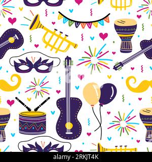 Seamless holiday childish carnival. Festive colorful party element for kids with balloon, guitar, trumpet, drum, mask and mustache toy. Vector design Stock Vector