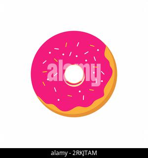 Donut flat icon. Sweet pink donut isolated on white background. Tasty snack dessert. Yummy cookie donut decoration color with topping. Vector illustra Stock Vector