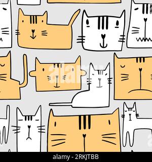 Seamless pattern with different funny cats. Cute kitty paw head with sleepy expressions isolated in grey background. Nursery design in scandinavian st Stock Vector