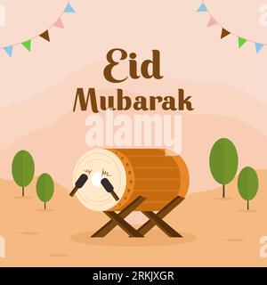 Eid mubarak background with big drum. Eid mubarak greeting card with brown drum and green trees with flat element style. Stock Vector
