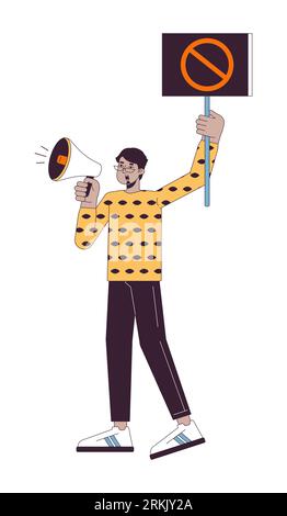 Indian man shouting into megaphone flat line color vector character Stock Vector